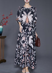 Elegant Black Cinched Print Silk Beach Long Dresses Fall