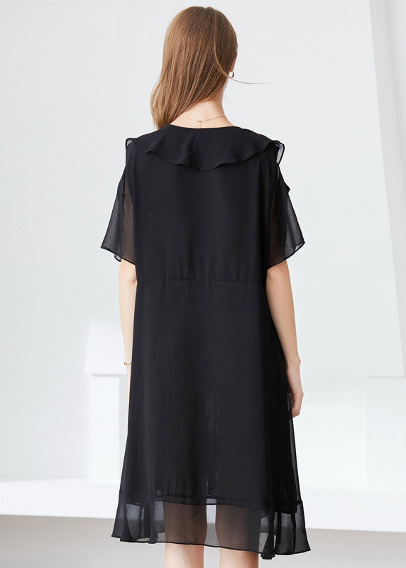 Elegant Black Cold Shoulder Ruffles Chiffon Maxi Dresses Summer