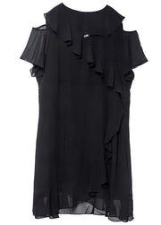 Elegant Black Cold Shoulder Ruffles Chiffon Maxi Dresses Summer