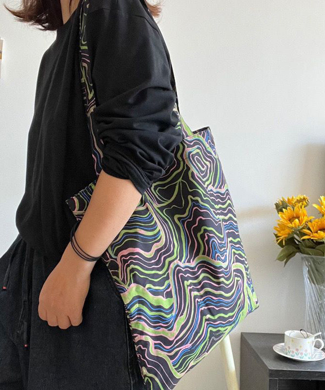 Elegant Black Colorful Stripes Print High-capacity Cotton Satchel Handbag
