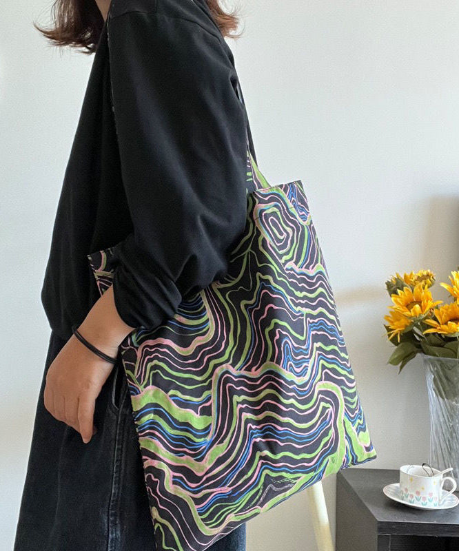 Elegant Black Colorful Stripes Print High-capacity Cotton Satchel Handbag