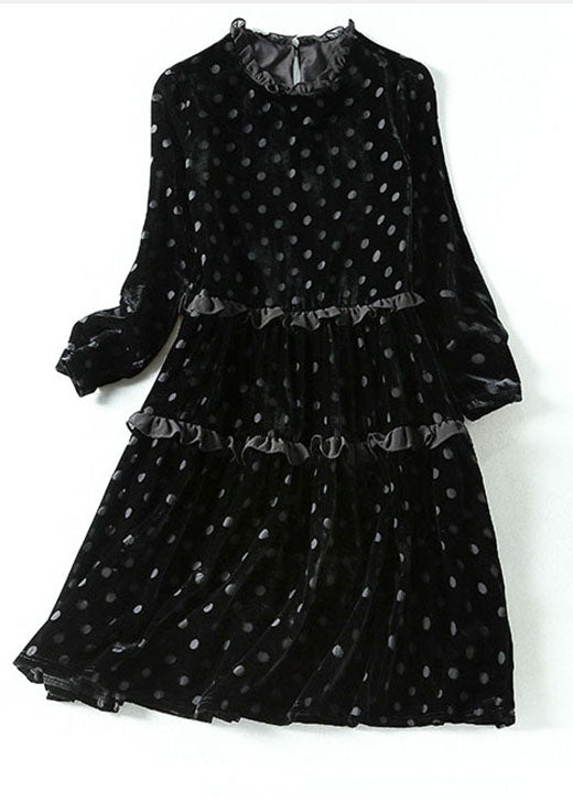 Elegantes Patchwork-Velourskleid mit schwarzem Punktdruck Frühling
