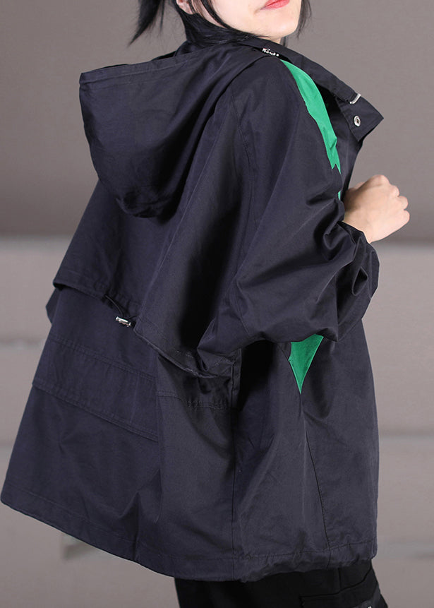 Elegant Black Drawstring Patchwork Zippered Button Hooded Trench Coats Fall