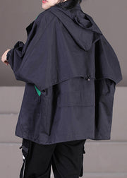 Elegant Black Drawstring Patchwork Zippered Button Hooded Trench Coats Fall
