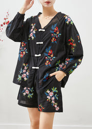 Elegant Black Embroidered Chinese Button Cotton Women Sets 2 Pieces Fall
