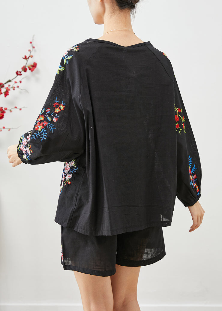 Elegant Black Embroidered Chinese Button Cotton Women Sets 2 Pieces Fall
