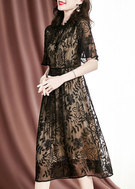 Elegant Black Embroidered Hollow Out Silk Long Dresses Summer