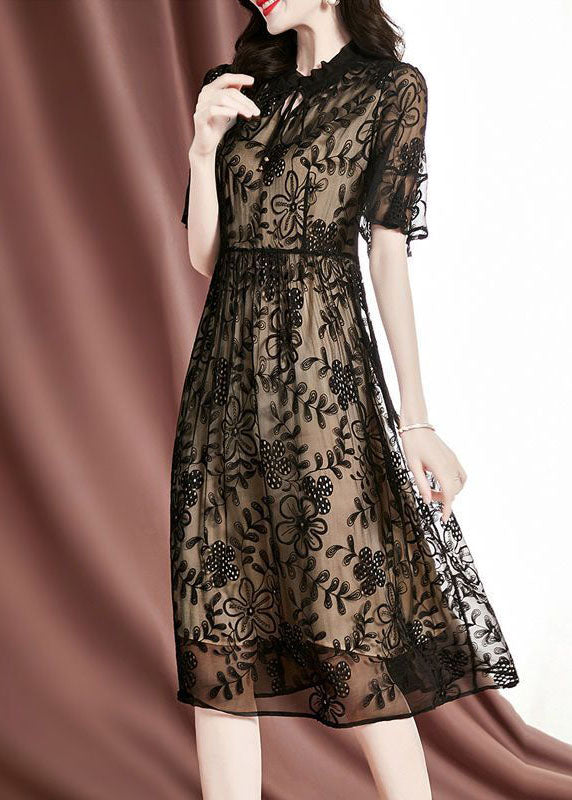 Elegant Black Embroidered Hollow Out Silk Long Dresses Summer
