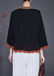 Elegant Black Embroidered Patchwork Ruffles Blouses Fall