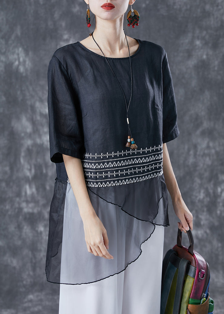 Elegant Black Embroidered Tulle Patchwork Linen Top Summer