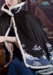 Elegant Black Faux Fur Collar Embroidered Button Silk Coats Long Sleeve