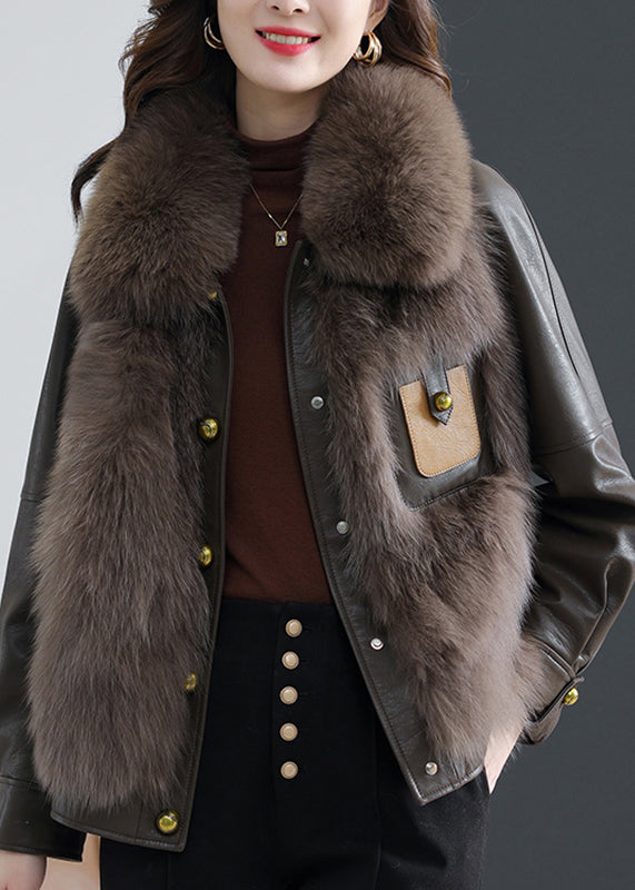 Elegant  Fox Collar Button Sheepskin Coat Fall