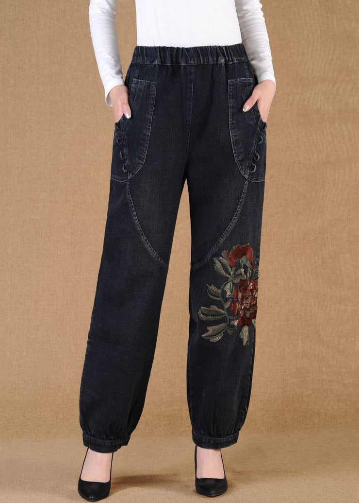 Elegante schwarzgraue, elastische Taille, bestickte Taschen, Baumwoll-Denim-Laternenhose, Sommer