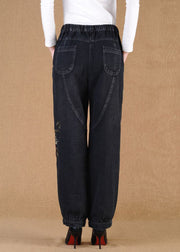 Elegant Black Grey Elastic Waist Embroidered Pockets Cotton Denim Lantern Pants Summer