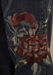 Elegant Black Grey Elastic Waist Embroidered Pockets Cotton Denim Lantern Pants Summer
