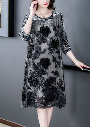 Elegant Black Grey Embroidered Patchwork Silk Dresses Summer