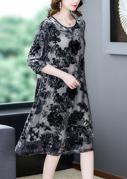 Elegant Black Grey Embroidered Patchwork Silk Dresses Summer