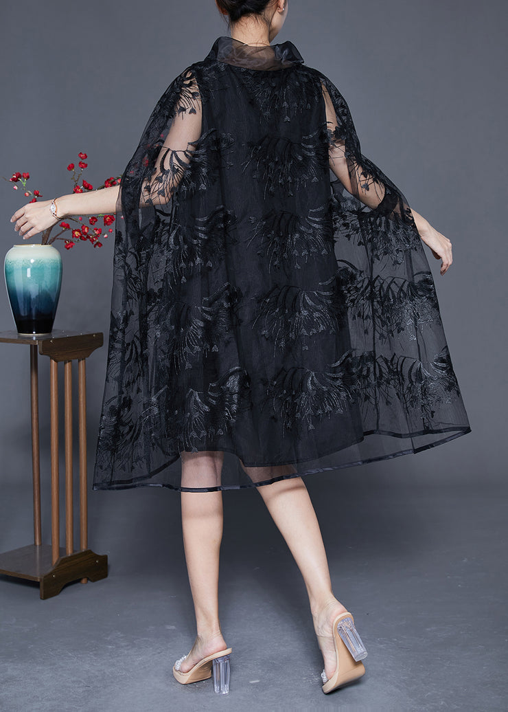 Elegant Black High Neck Embroidered Hollow Out Tulle Dress Cloak Sleeves