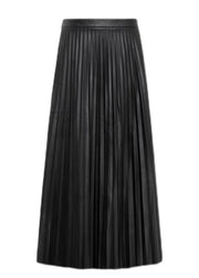Elegant Black High Waist Faux Leather Pleated Skirts Spring