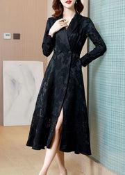 Elegant Black Hollow Out Jacquard Pockets Cotton Trench Fall