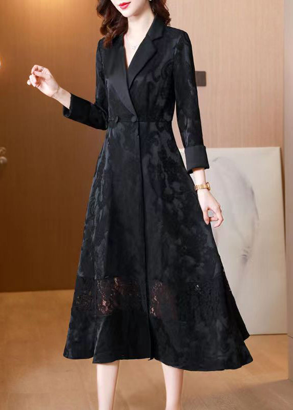 Elegant Black Hollow Out Jacquard Pockets Cotton Trench Fall