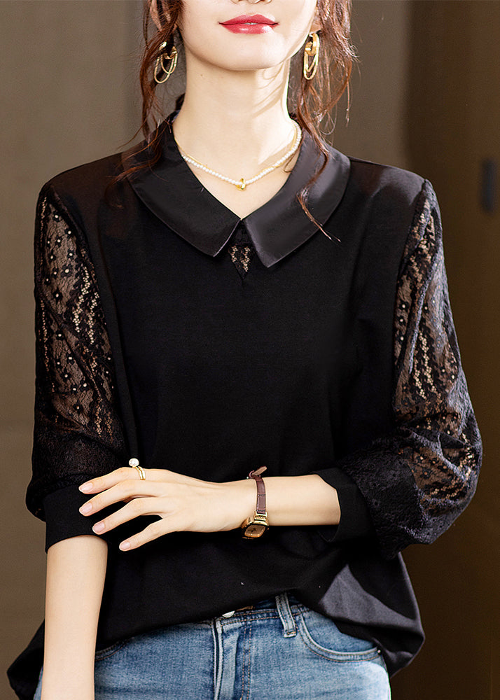 Elegant Black Hollow Out Lace Patchwork Tops Long Sleeve