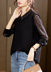 Elegant Black Hollow Out Lace Patchwork Tops Long Sleeve