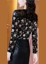 Elegant Black Hollow Out Patchwork Lace Print Silk Velour Shirt Tops Spring