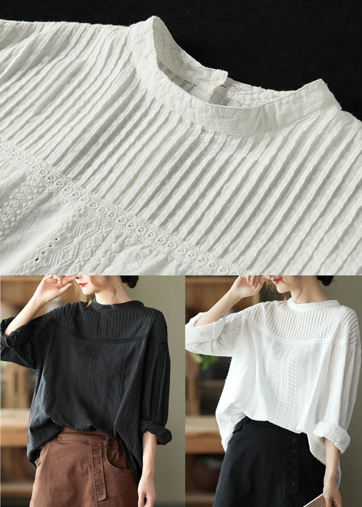 Elegant Black Hollow Out Wrinkled Cotton Shirt Top Spring