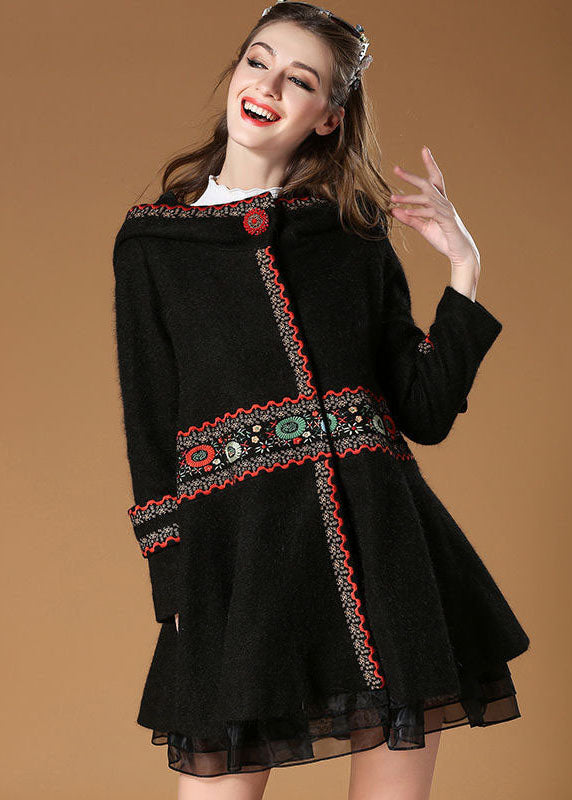 Elegant Black Hooded Embroidered Woolen Coat Winter