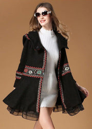 Elegant Black Hooded Embroidered Woolen Coat Winter