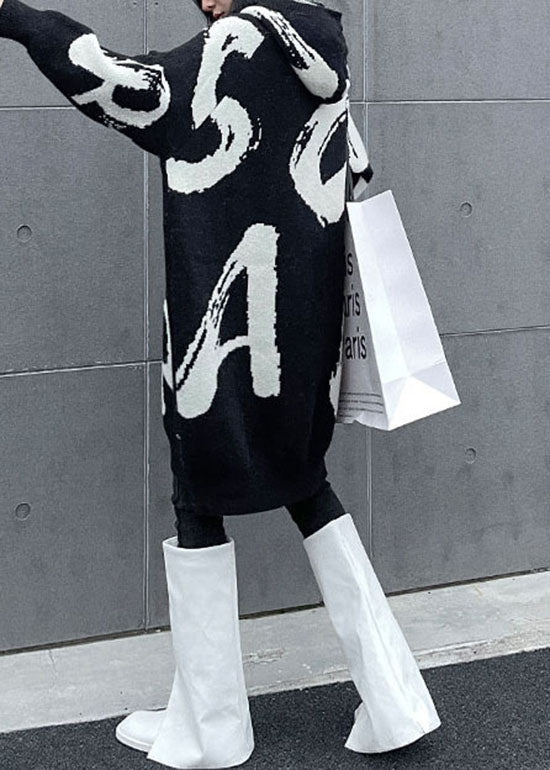 Elegant Black Hooded Print Knit Sweater dress Spring