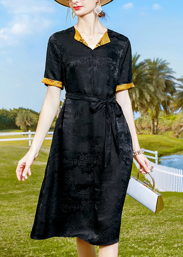 Elegant Black Jacquard Tie Waist Silk Oriental Dresses Short Sleeve
