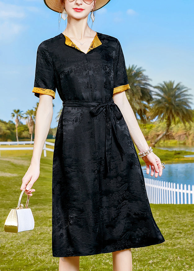 Elegante schwarze Jacquard-Taillen-Seidenkleider mit kurzen Ärmeln