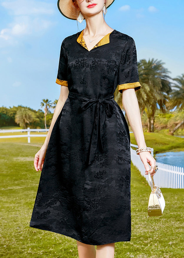 Elegante schwarze Jacquard-Taillen-Seidenkleider mit kurzen Ärmeln