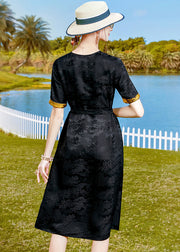 Elegant Black Jacquard Tie Waist Silk Oriental Dresses Short Sleeve