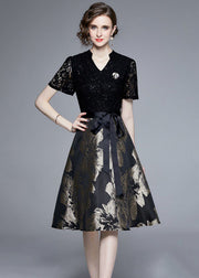 Elegant Black Lace Jacquard Patchwork Tie Waist Silk Mid Dress Summer