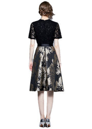 Elegant Black Lace Jacquard Patchwork Tie Waist Silk Mid Dress Summer