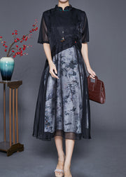 Elegant Black Mandarin Collar Patchwork Print Chiffon Dresses Summer