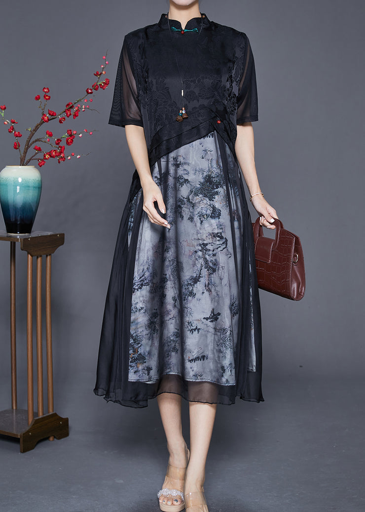 Elegant Black Mandarin Collar Patchwork Print Chiffon Dresses Summer