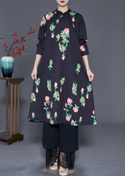 Elegant Black Mandarin Collar Print A Line Dress Fall
