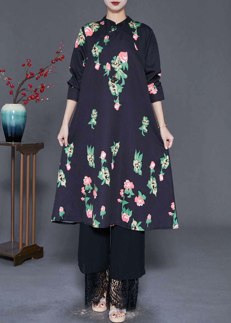 Elegant Black Mandarin Collar Print A Line Dress Fall