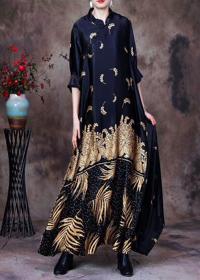 Elegant Black Mandarin Collar Print Silk Long Dress Gown Long Sleeve