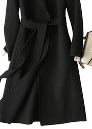 Elegant Black Notched Tie Waist Solid Woolen Long Coats Fall