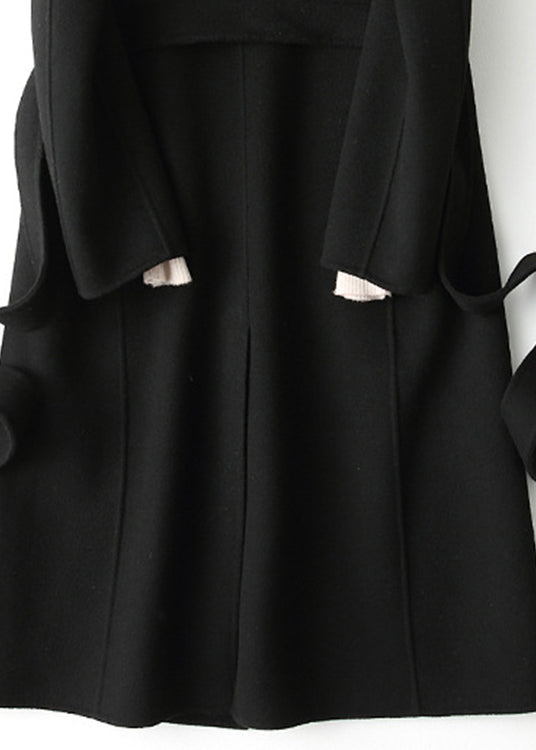 Elegant Black Notched Tie Waist Solid Woolen Long Coats Fall