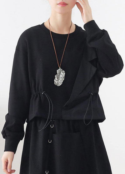 Elegant Black O-Neck Asymmetrical Design Cinched Sweatshirt Streetwear - SooLinen