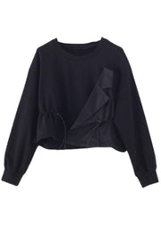 Elegant Black O-Neck Asymmetrical Design Cinched Sweatshirt Streetwear - SooLinen