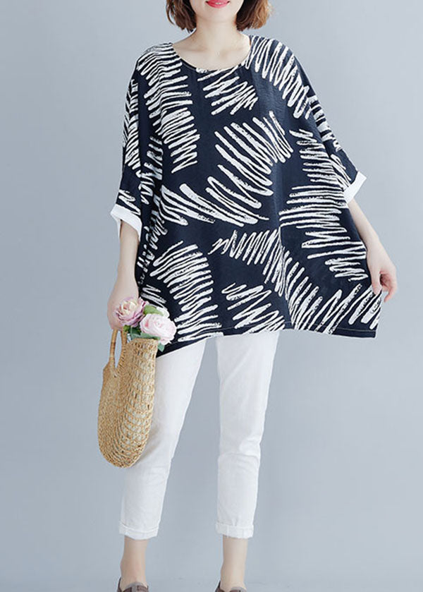 Elegant Black O-Neck Asymmetrical Print Cotton Shirt Top Summer