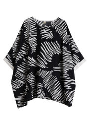 Elegant Black O-Neck Asymmetrical Print Cotton Shirt Top Summer