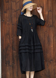 Elegant Black O-Neck Drawstring Cotton Long Dress Two Pieces Set Summer